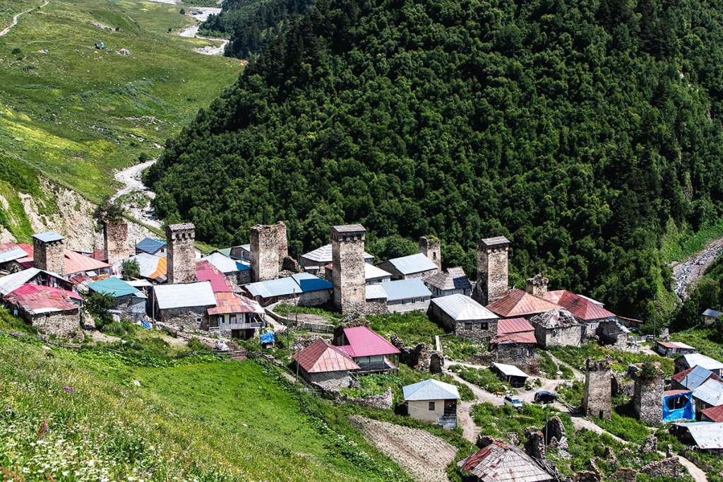 View from the top on the vilage Adishi in Svaneti, Georgia. Svanetian Towers. Highlander Adventure, Biliki App
